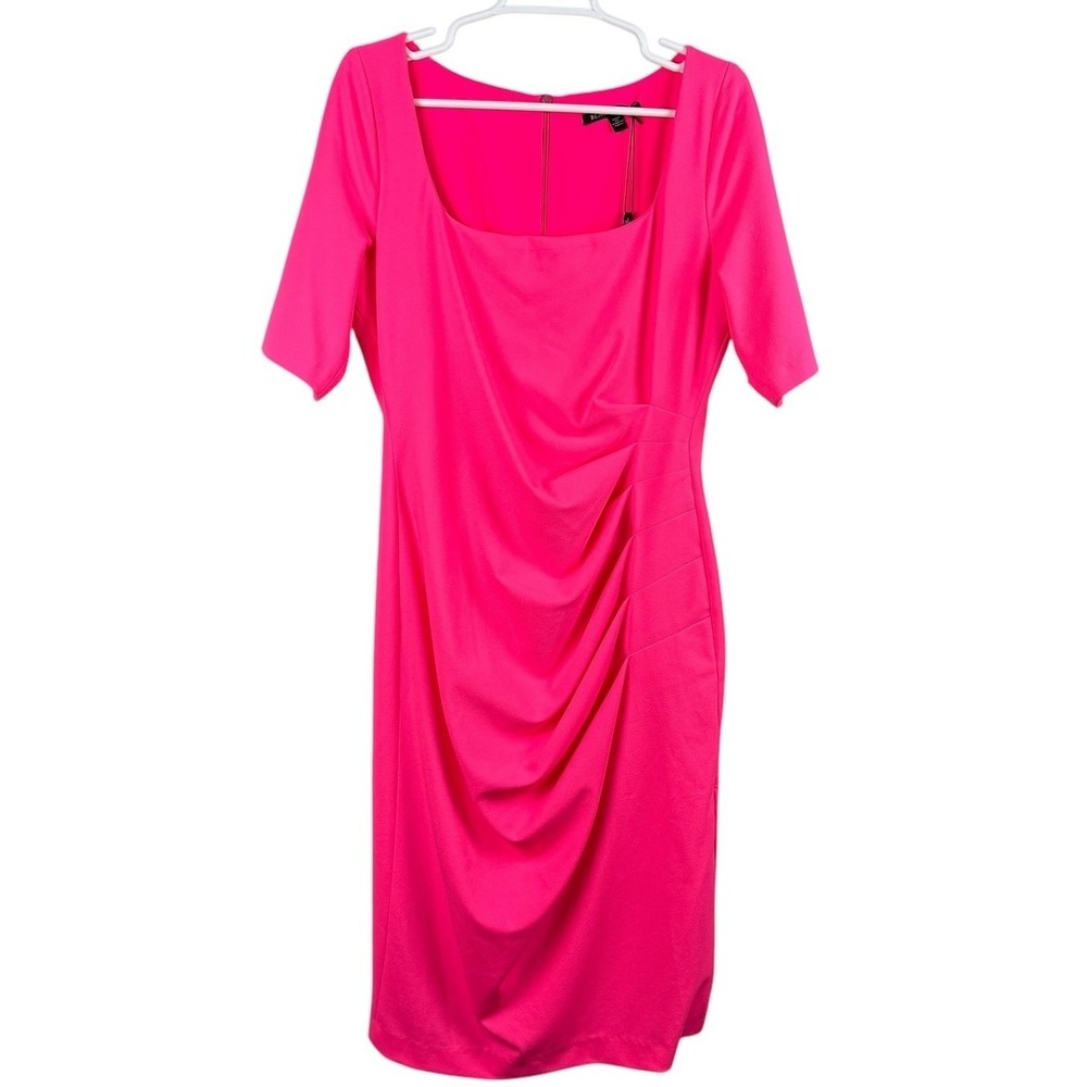 Black Halo Neon Pink Jackie‎ O Ruched Sheath Dress 14 Square Neck Elbow Sleeve
